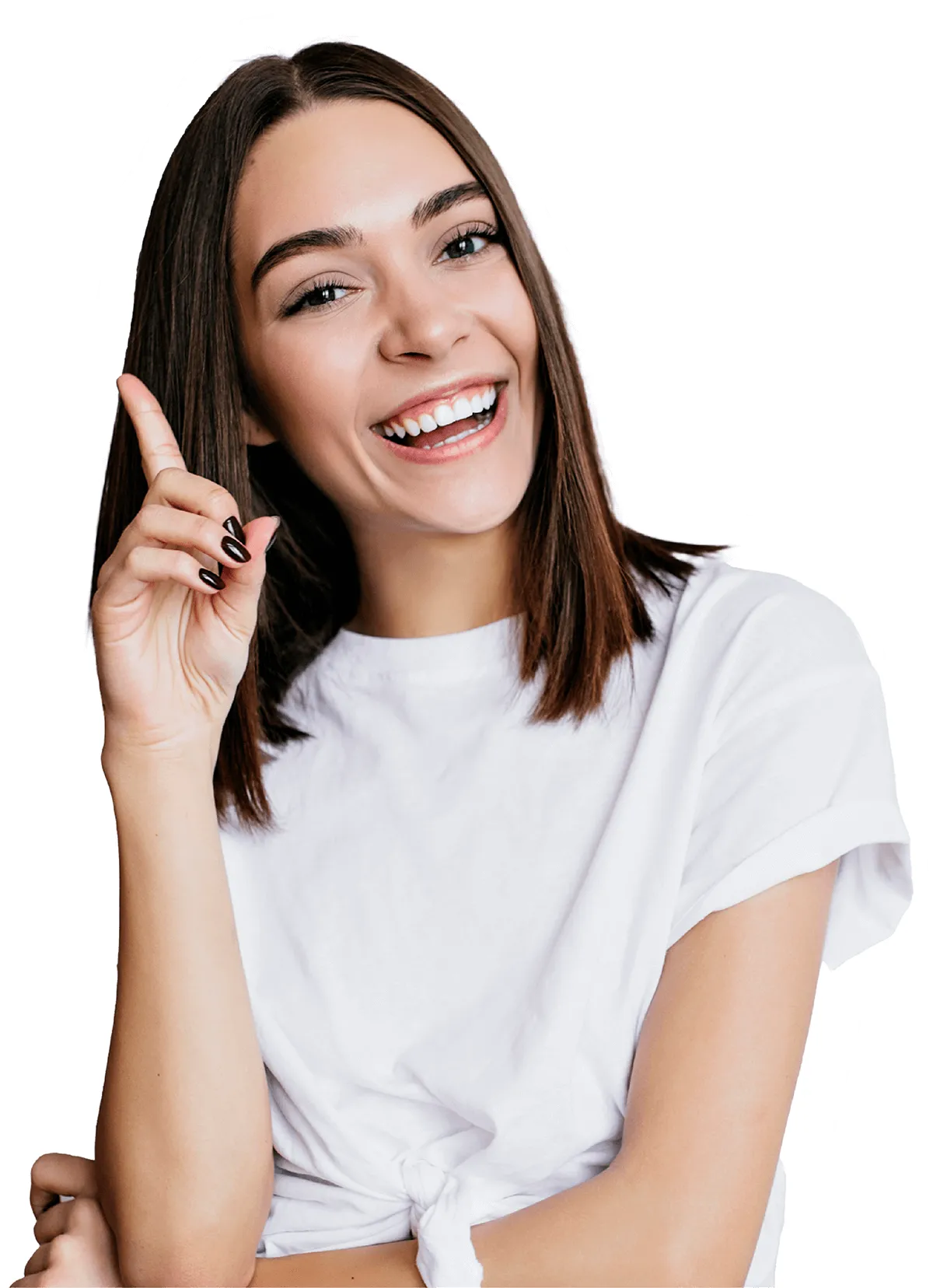 Joven sonriendo y señalando con el dedo índice